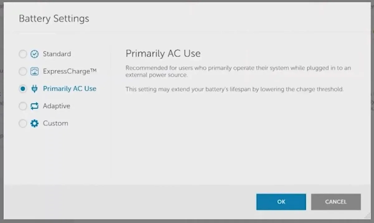 Menu cài đặt pin (Battery Settings) trong ứng dụng Dell Power Manager