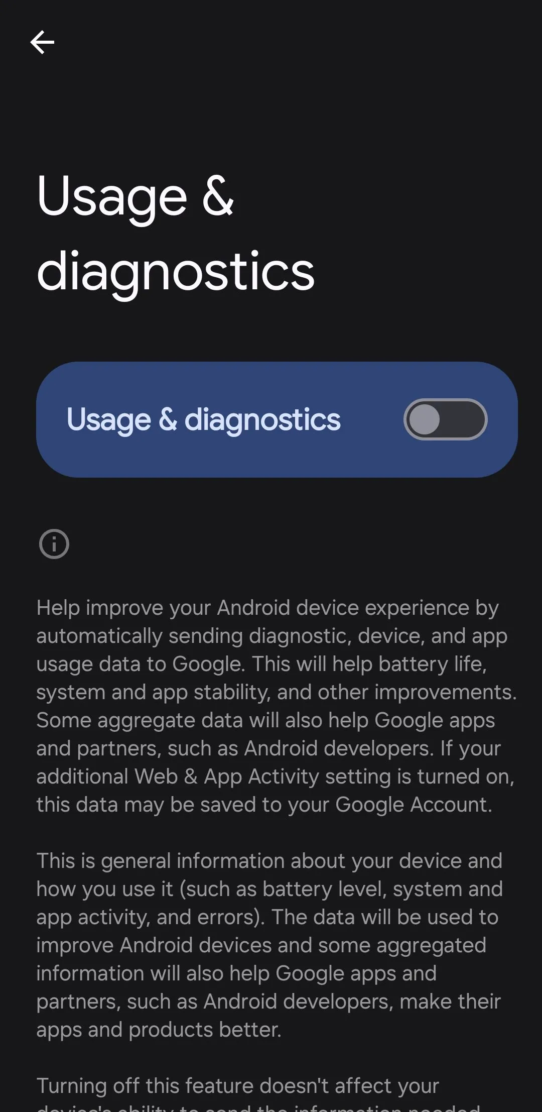 Menu cài đặt sử dụng và chẩn đoán trên điện thoại Android, nơi người dùng có thể tắt tính năng gửi dữ liệu cho Google.