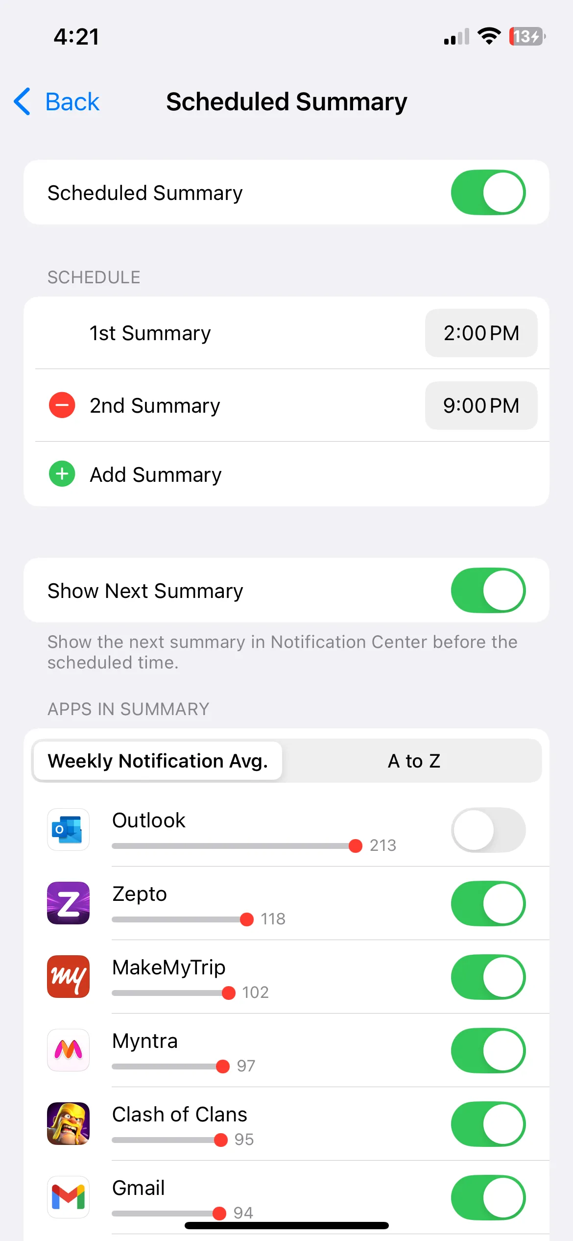 Menu cài đặt Tóm tắt theo lịch trình trong mục Thông báo của iPhone để quản lý thông báo hiệu quả