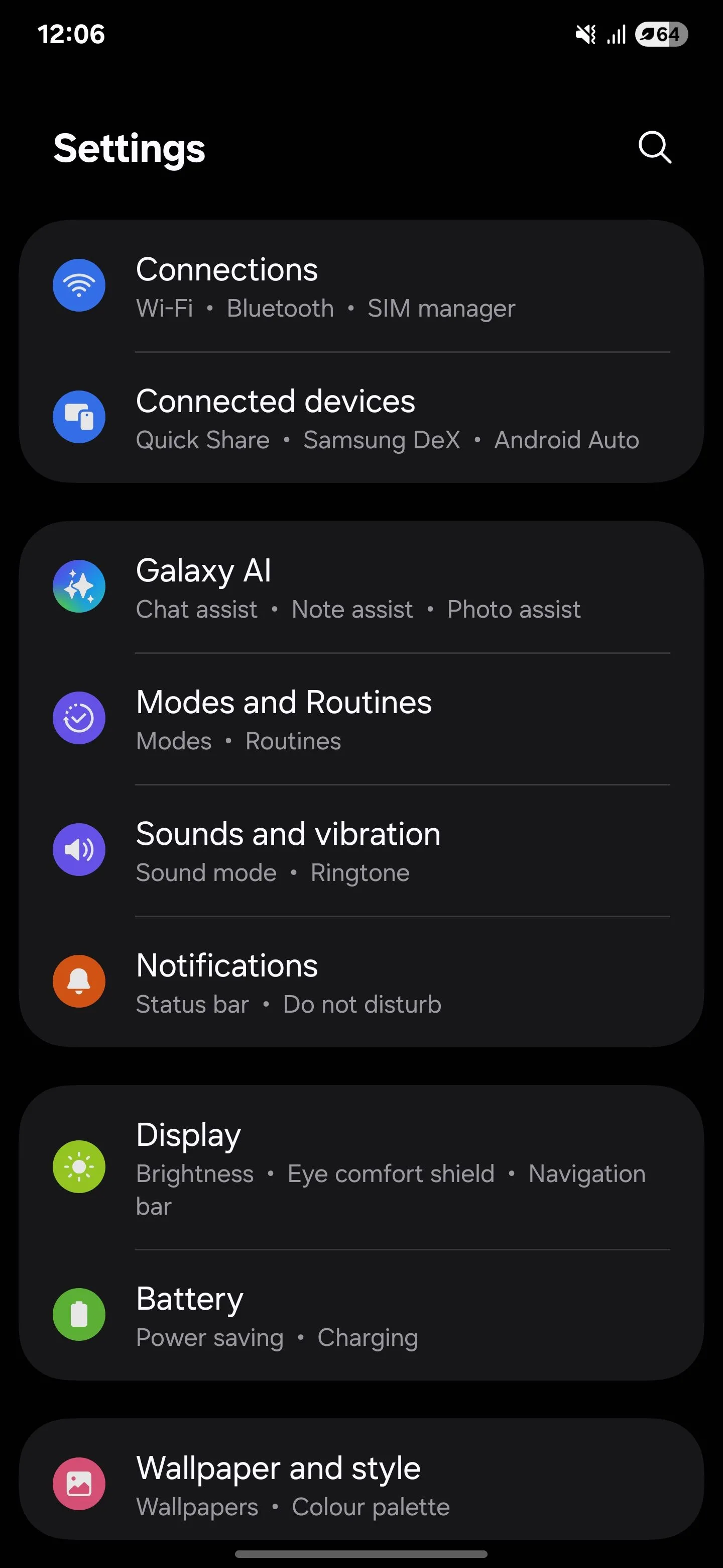 Menu Cài đặt tổng thể của điện thoại Samsung Galaxy S25 Ultra