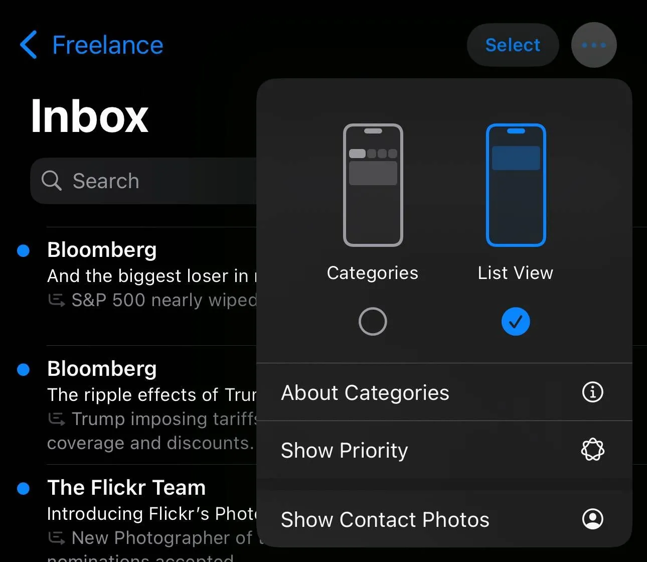Menu cài đặt trong ứng dụng Mail trên iOS 18.5 beta 1, cho phép bật/tắt hiển thị ảnh liên hệ và tính năng Mail Priority.