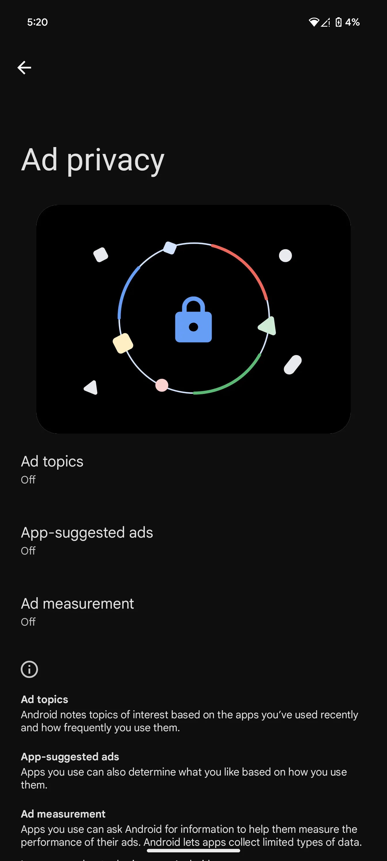 Menu cài đặt tùy chọn quảng cáo cá nhân hóa trên thiết bị Android