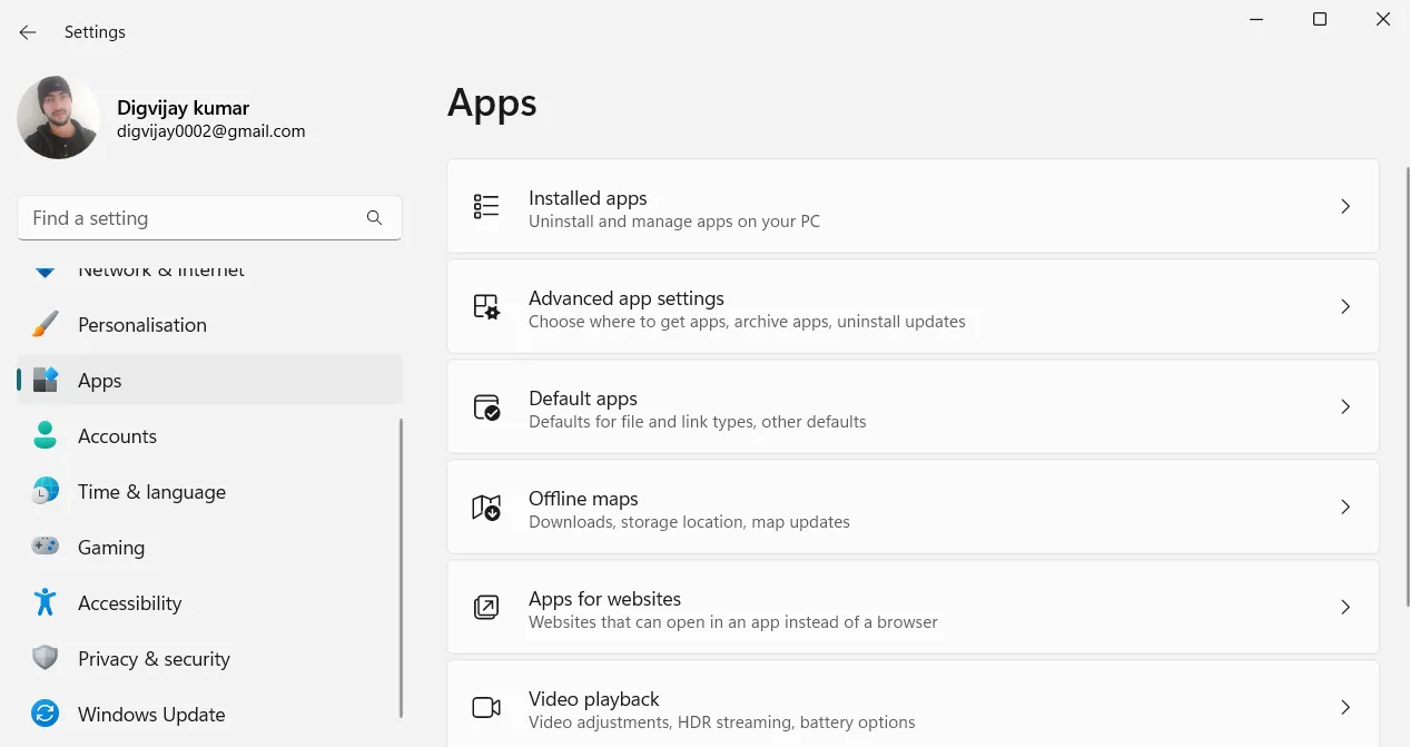 Menu Cài đặt Windows 11 hướng dẫn mở mục Ứng dụng đã cài đặt qua Apps