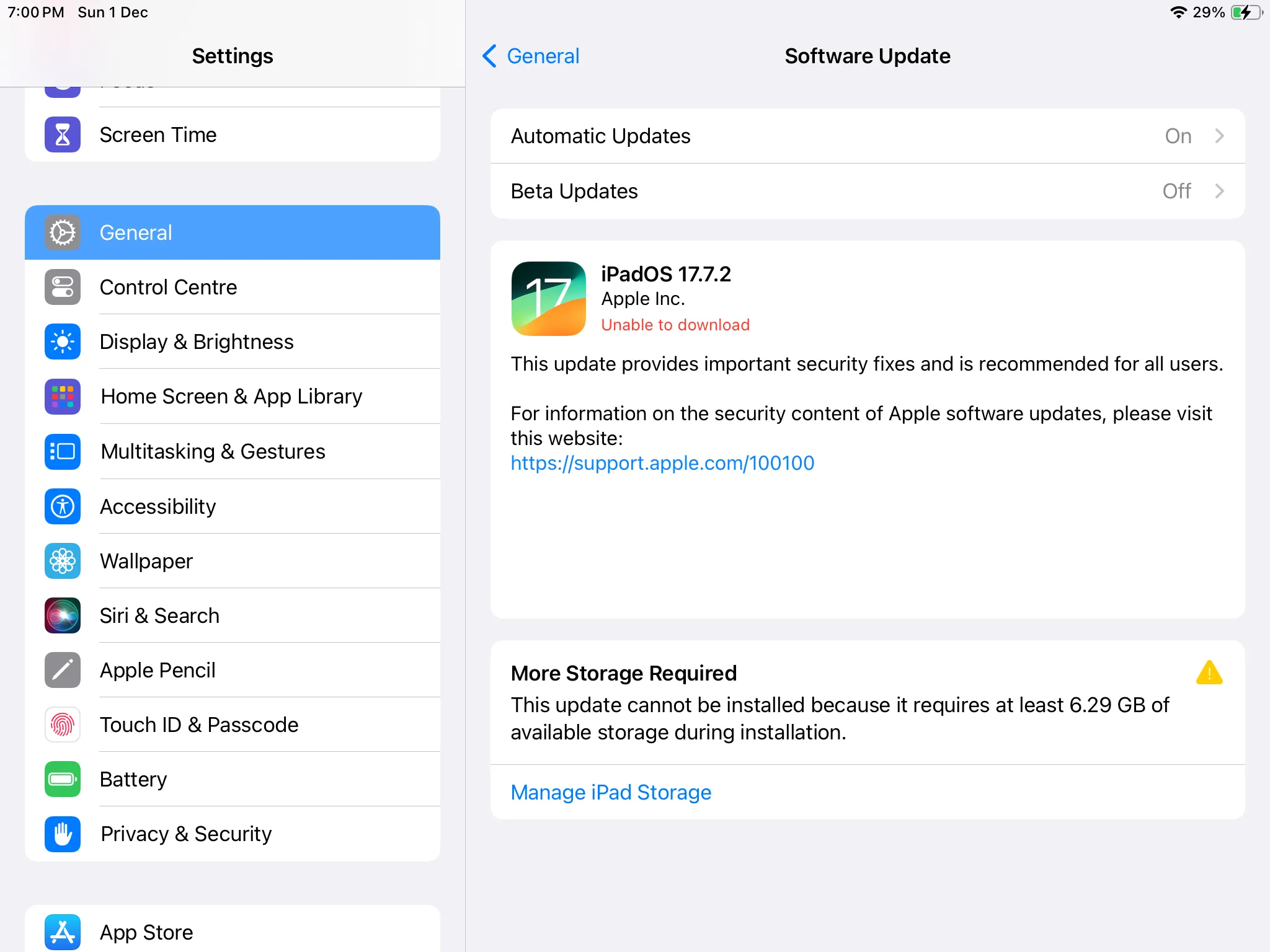Menu cập nhật phần mềm iPadOS hiển thị phiên bản iPadOS 17 sẵn sàng để nâng cấp
