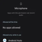 Menu cấp quyền micro trên Android, hiển thị các ứng dụng có quyền truy cập micro và tùy chọn quản lý quyền