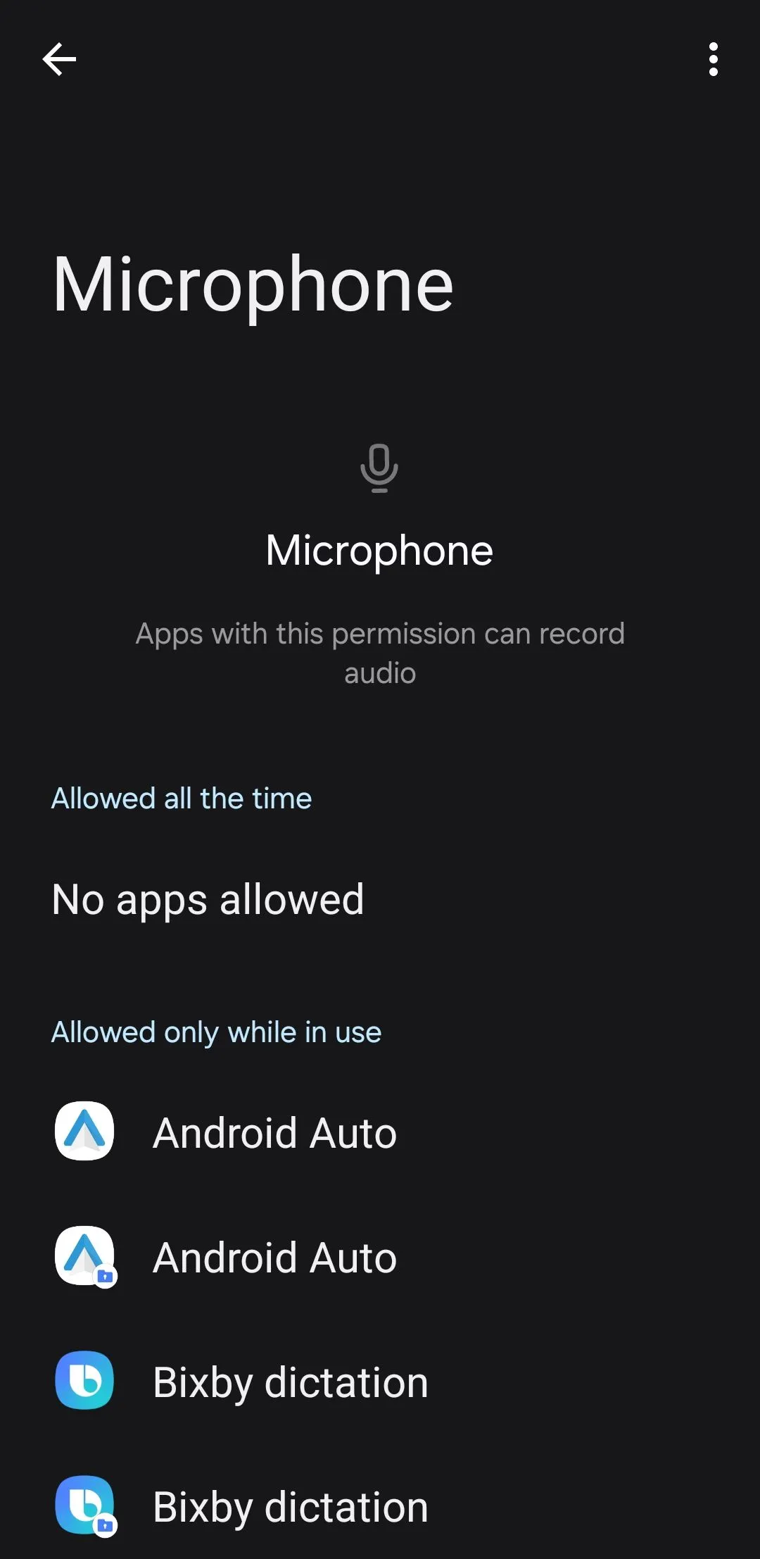 Menu cấp quyền micro trên Android, hiển thị các ứng dụng có quyền truy cập micro và tùy chọn quản lý quyền