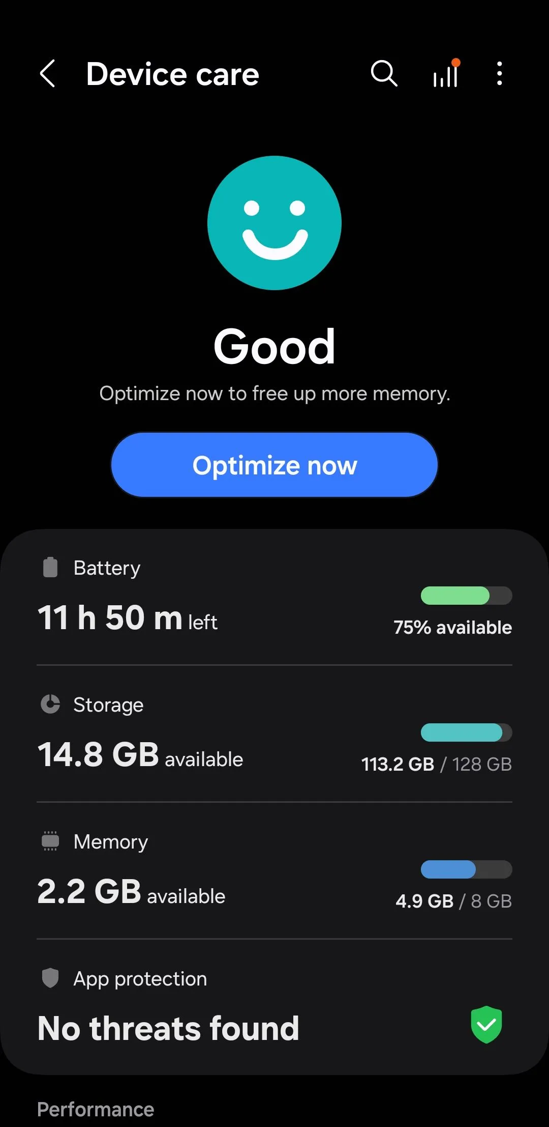 Menu Chăm sóc thiết bị trên điện thoại Samsung Galaxy với tùy chọn Tối ưu hóa