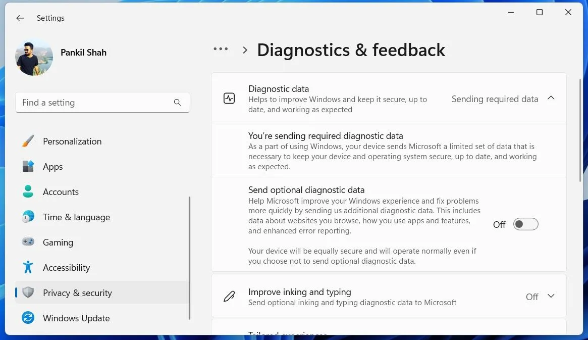 Menu chẩn đoán và phản hồi trong cài đặt Windows 11, nơi có thể tắt việc gửi dữ liệu chẩn đoán tùy chọn.