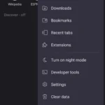 Menu chính của Kiwi Browser trên Android