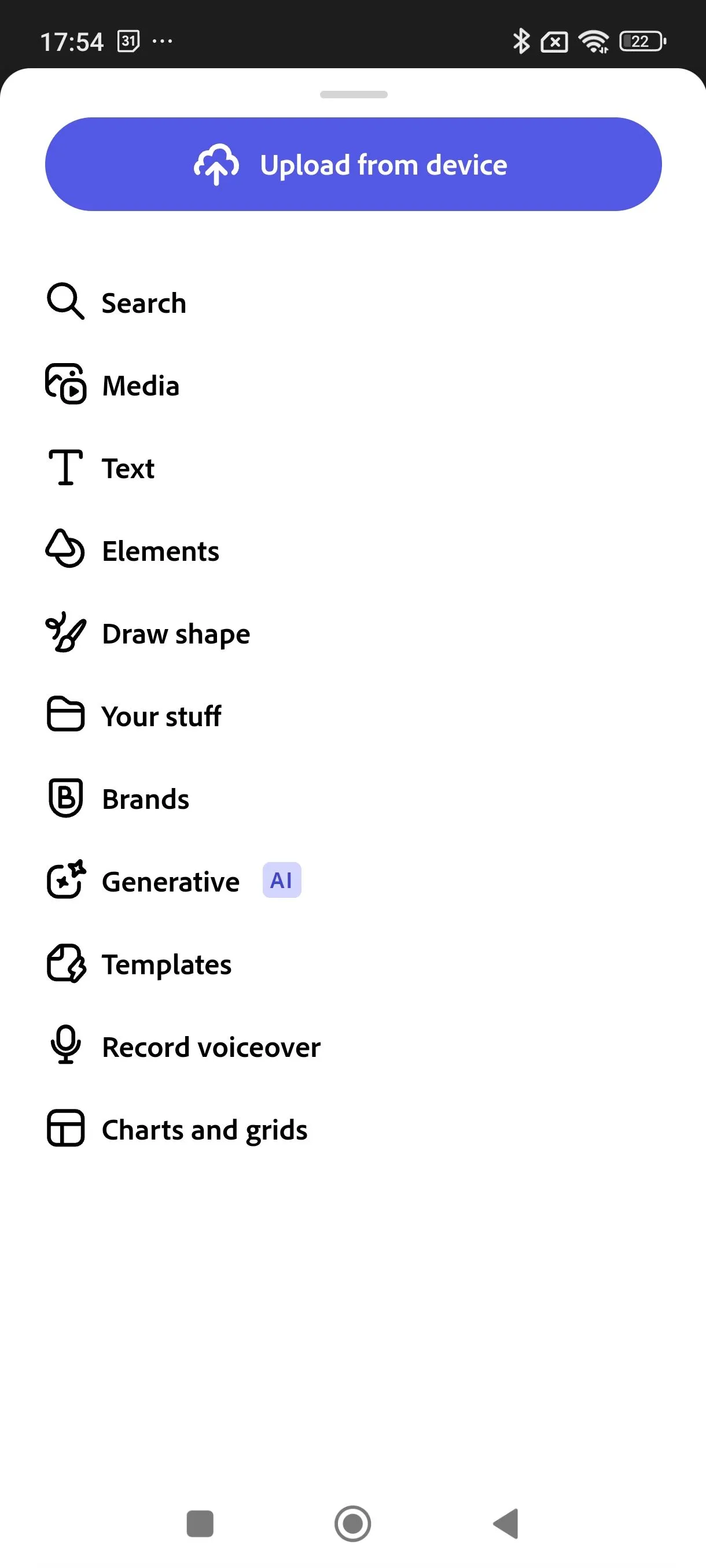 Menu chính của ứng dụng Adobe Express trên thiết bị di động, không hiển thị tùy chọn Add-ons