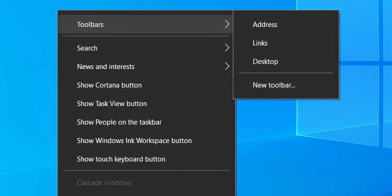 Menu chuột phải trên Taskbar Windows 10 với tùy chọn 'Thanh công cụ' và 'Liên kết'