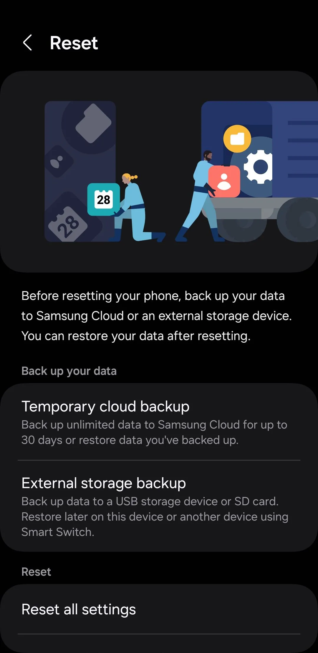 Menu đặt lại cài đặt trên điện thoại Samsung