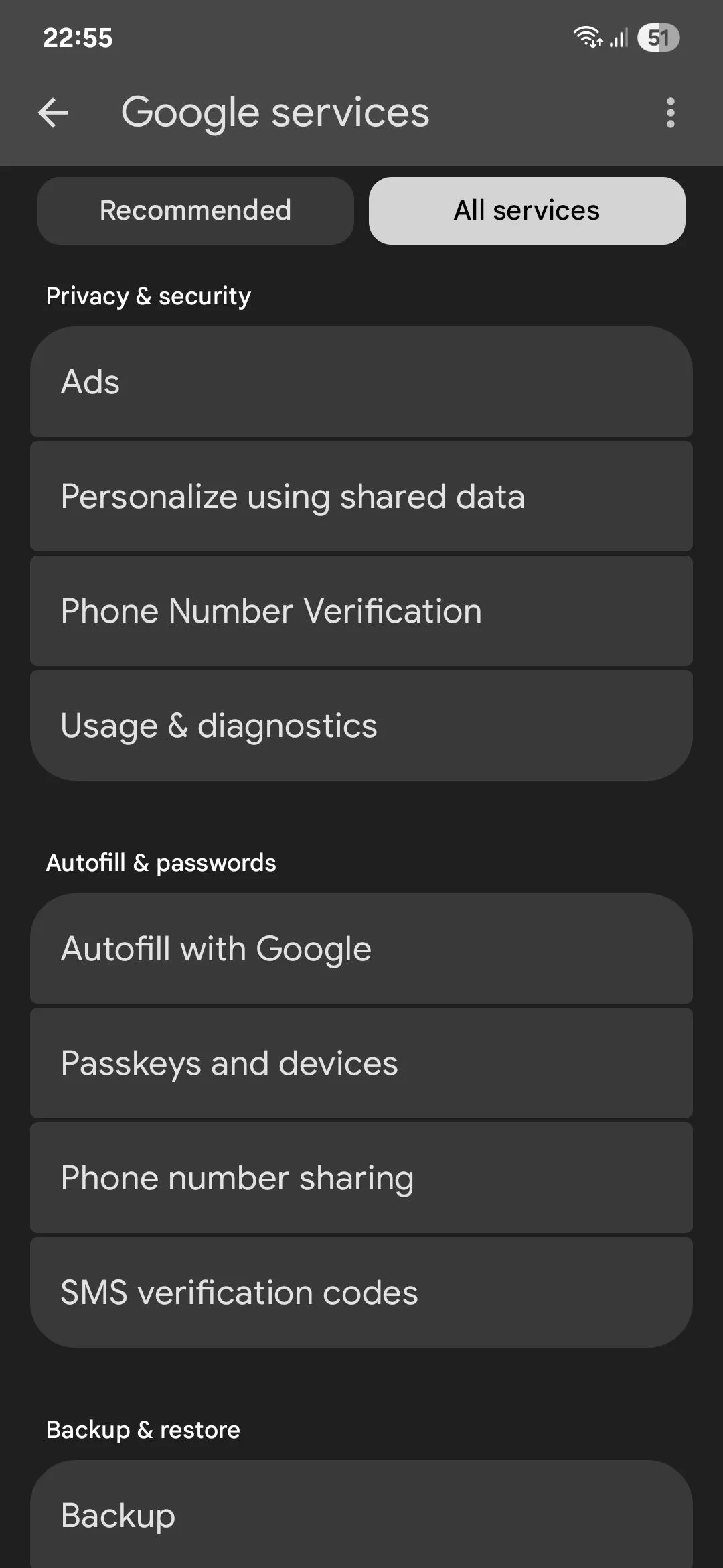 Menu dịch vụ Google trên Android để điều chỉnh cài đặt quảng cáo