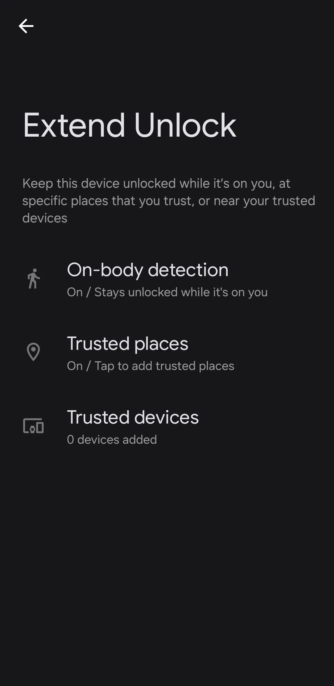 Menu Extend Unlock trên điện thoại Android, cho phép mở khóa tự động ở môi trường tin cậy