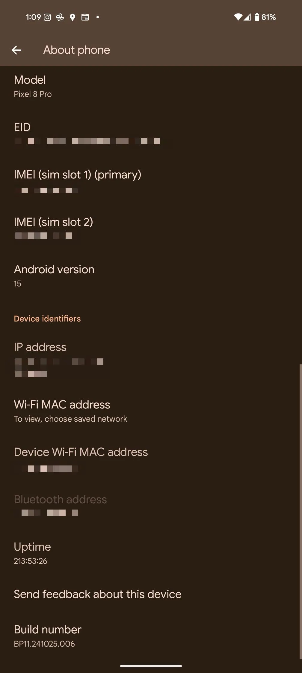 Menu Giới thiệu điện thoại trên Pixel 8 Pro