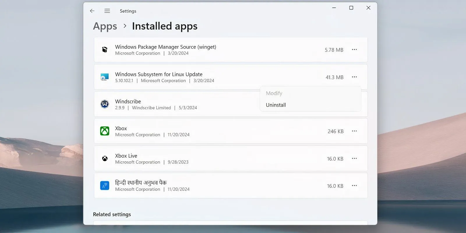 Menu gỡ cài đặt ứng dụng Windows Subsystem for Linux (WSL) trong danh sách ứng dụng đã cài đặt