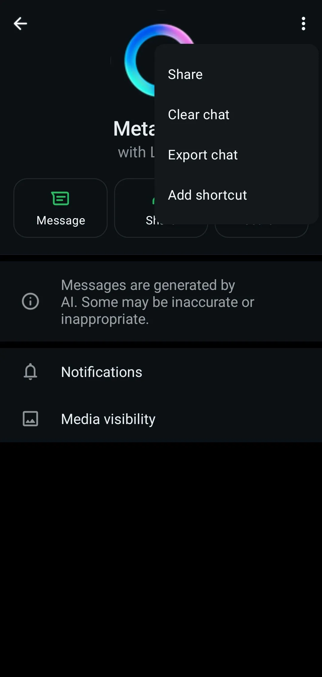 Menu hồ sơ WhatsApp hiển thị tùy chọn Meta AI, cho thấy tính năng không thể tắt