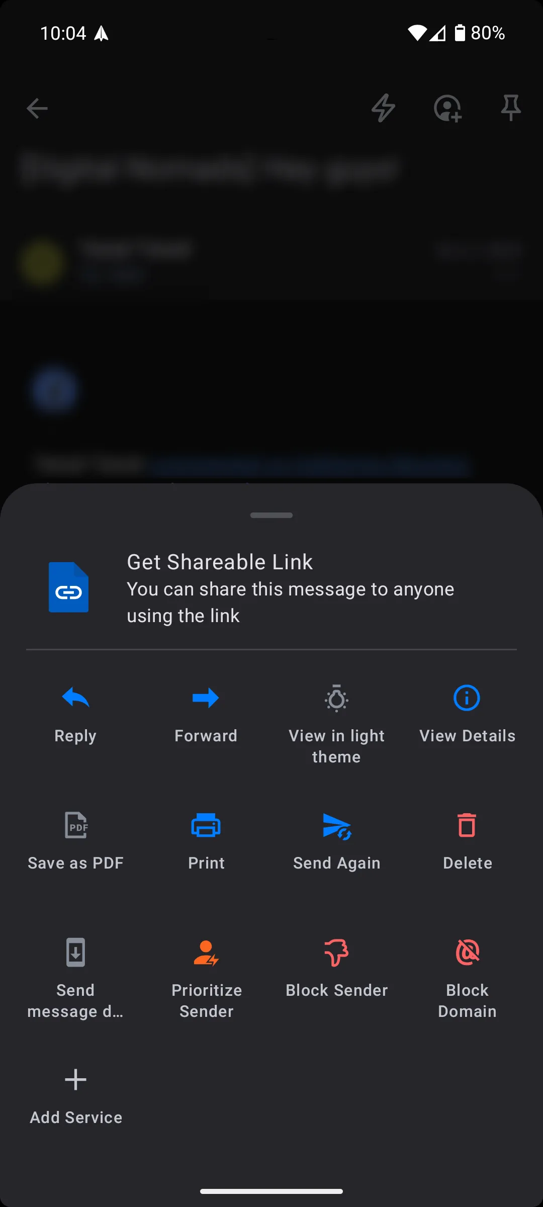 Menu hội thoại trong ứng dụng Spark Mail trên Android với tùy chọn tạo liên kết chia sẻ cho cuộc trò chuyện email