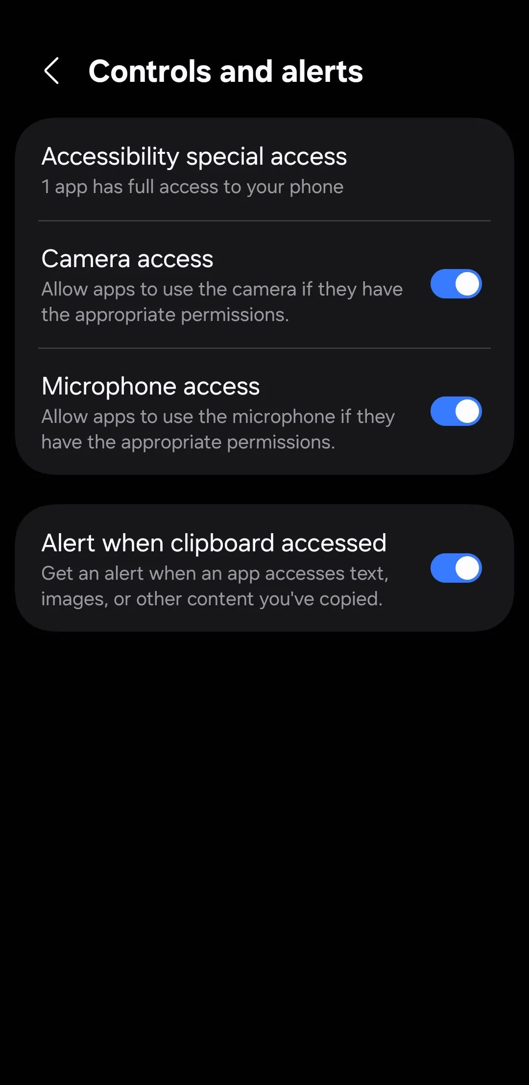 Menu kiểm soát và cảnh báo trên Android, hiển thị tùy chọn bật thông báo khi ứng dụng truy cập bộ nhớ tạm.