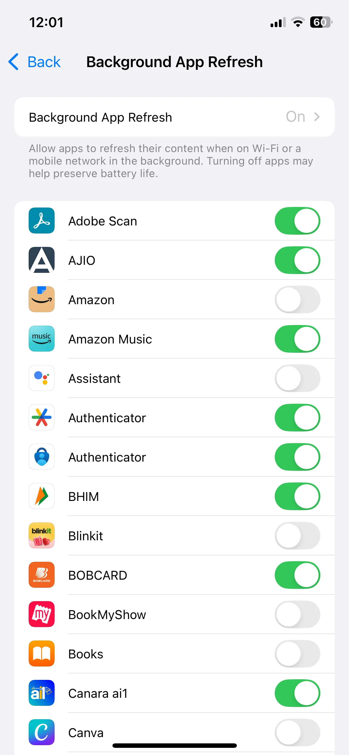 Menu Làm mới ứng dụng trong nền để quản lý hoạt động ứng dụng trên iPhone