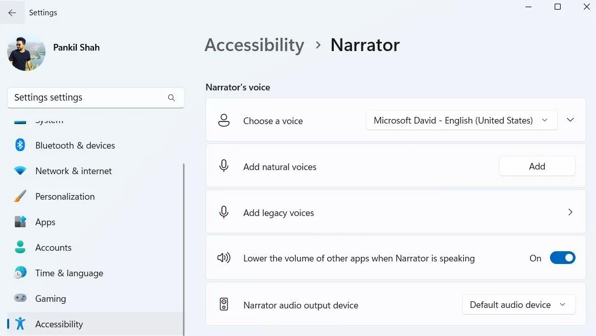 Menu Narrator trong ứng dụng Cài đặt của Windows