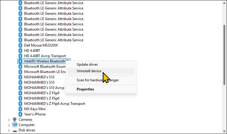 Menu ngữ cảnh của bộ điều hợp Bluetooth trong Device Manager trên Windows 11