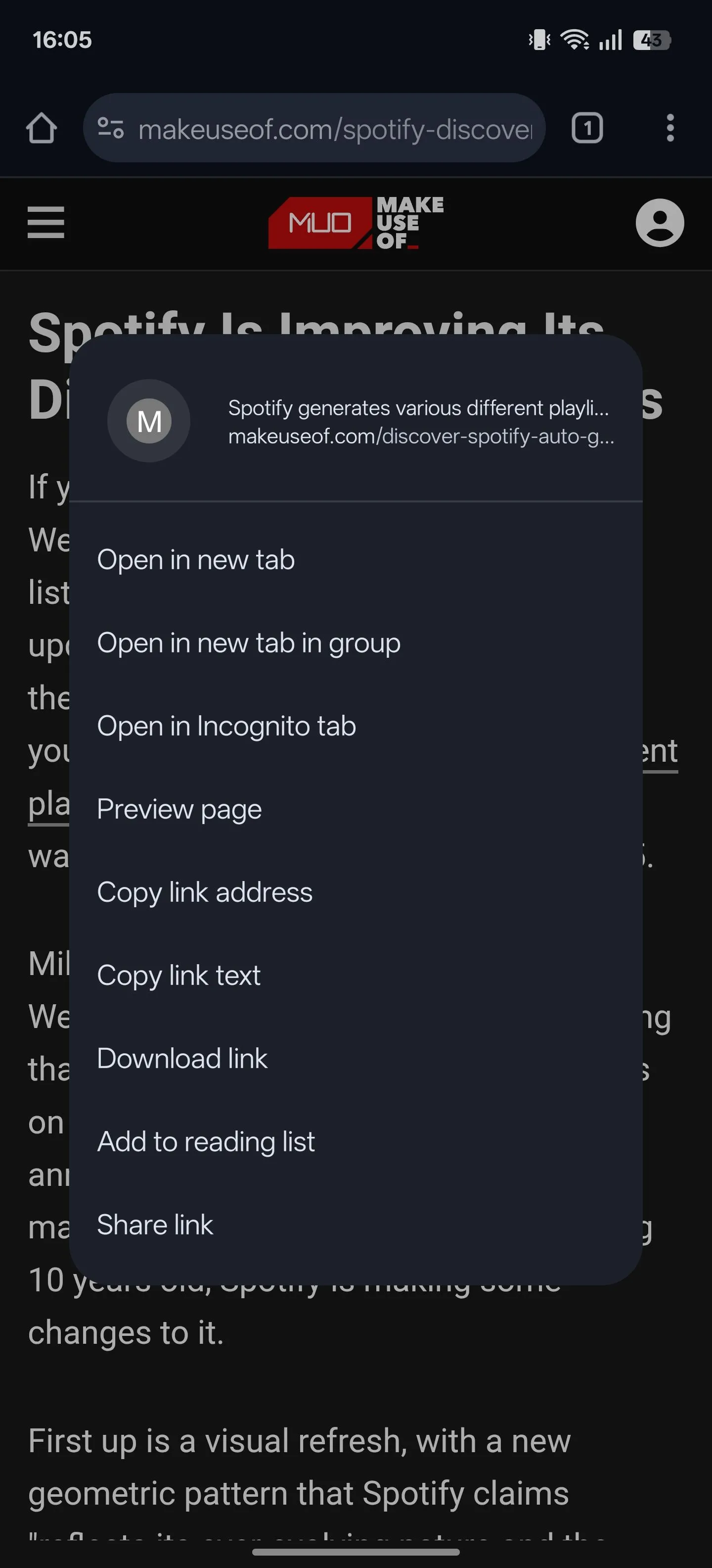 Menu ngữ cảnh hiển thị tùy chọn Xem trước trang khi nhấn giữ liên kết trên Chrome Android.