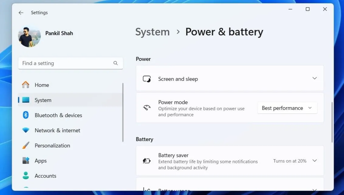 Menu Nguồn và Pin trong ứng dụng Cài đặt Windows 11
