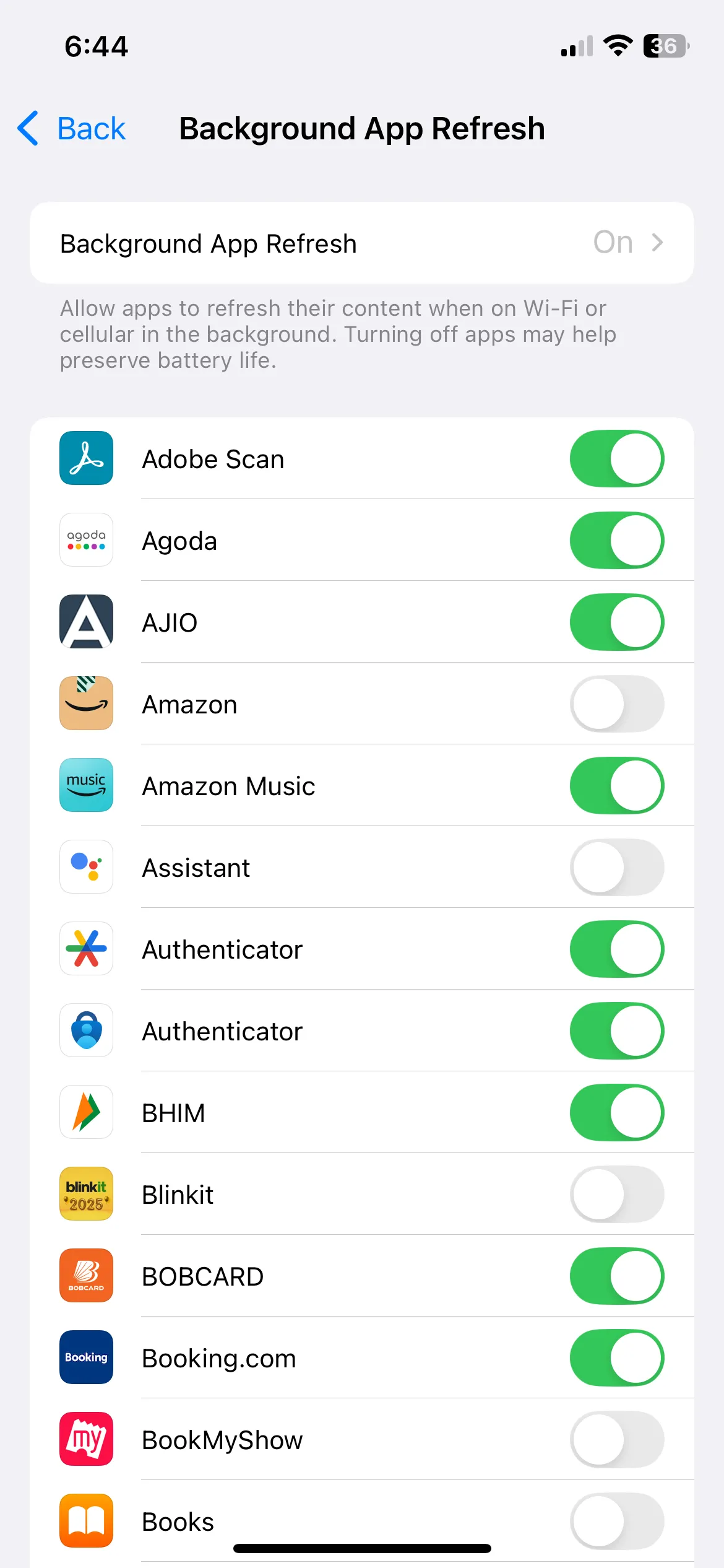 Menu quản lý Làm mới ứng dụng trong nền trên iPhone để tối ưu pin và dữ liệu.