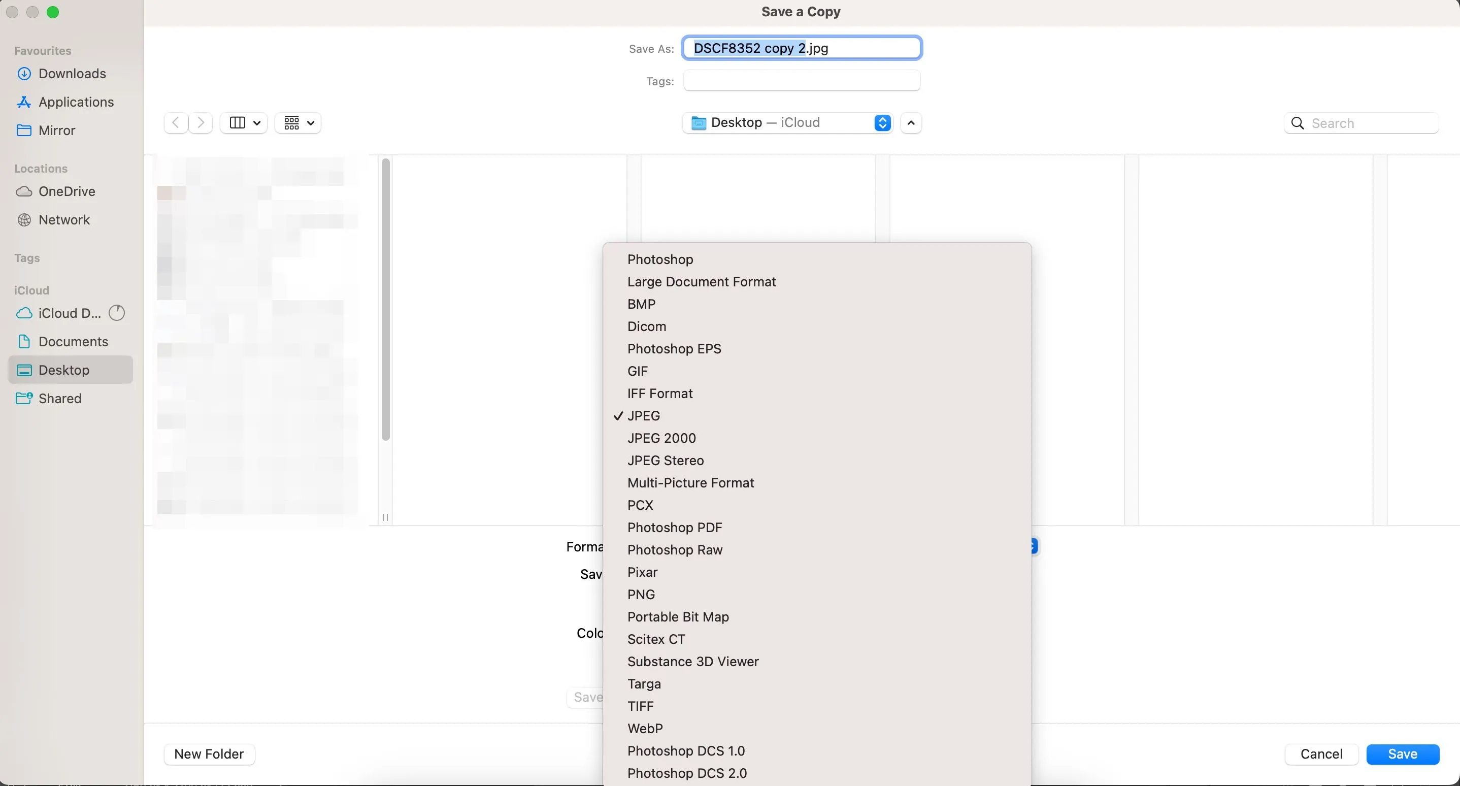 Menu Save a Copy trong Photoshop, một lựa chọn khi không thể lưu trực tiếp ảnh JPG hoặc PNG