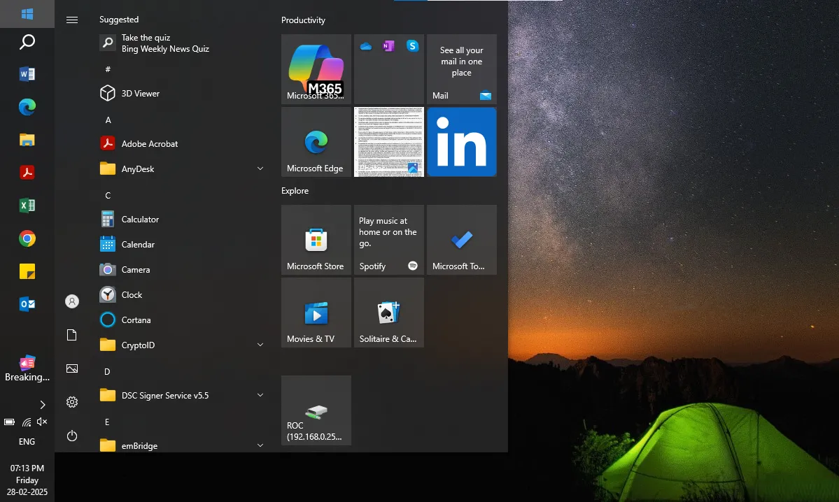 Menu Start Windows 10 với thanh tác vụ được di chuyển sang cạnh trái màn hình, thể hiện khả năng tùy biến linh hoạt