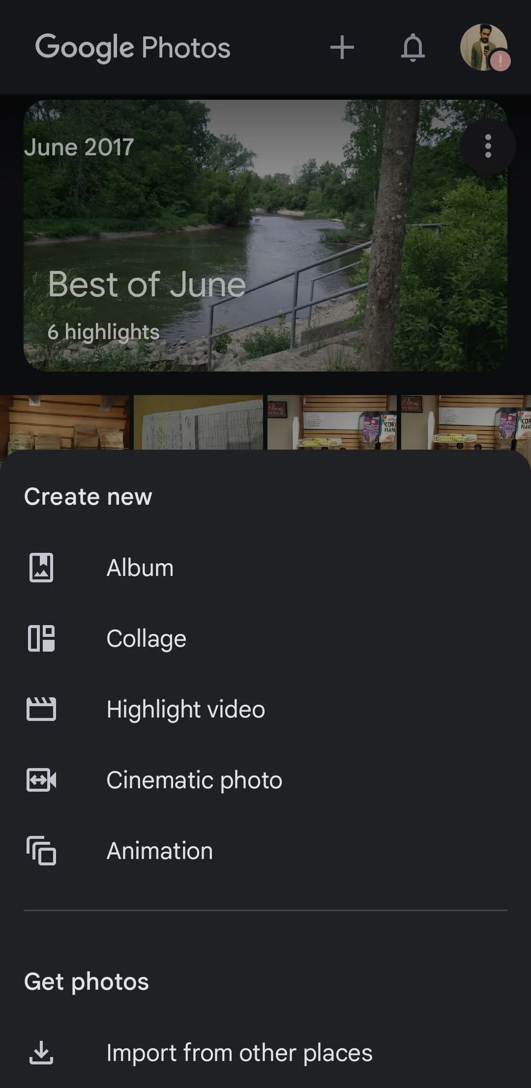 Menu tạo mới trong ứng dụng Google Photos trên di động