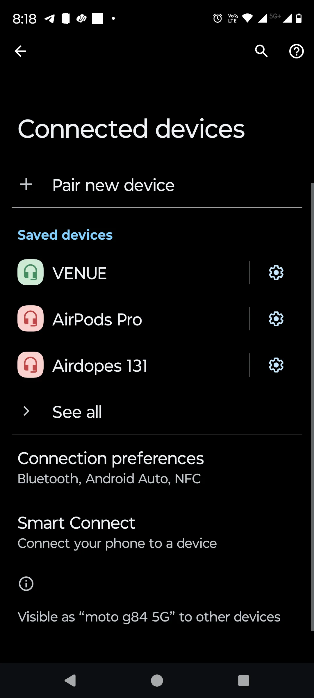 Menu Thiết bị đã kết nối (Connected devices) trên điện thoại Android, quản lý các tùy chọn kết nối như Bluetooth, NFC và các thiết bị ngoại vi khác.