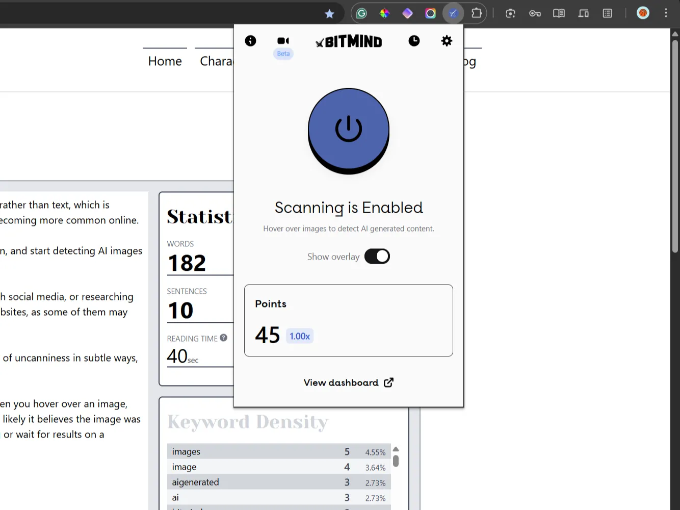 Menu tiện ích BitMind Chrome hiển thị các tùy chọn phân tích và phát hiện hình ảnh AI.