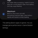Menu Tốc độ xử lý trên điện thoại Samsung hiển thị các tùy chọn hiệu suất
