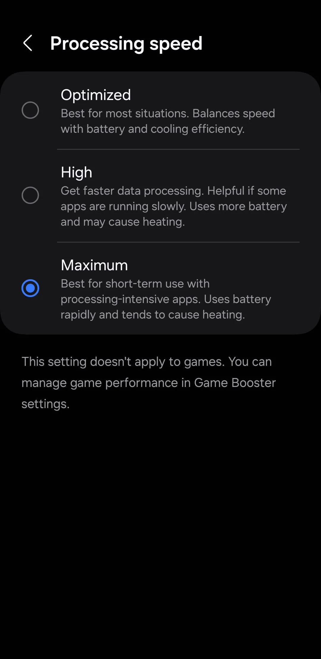 Menu Tốc độ xử lý trên điện thoại Samsung hiển thị các tùy chọn hiệu suất
