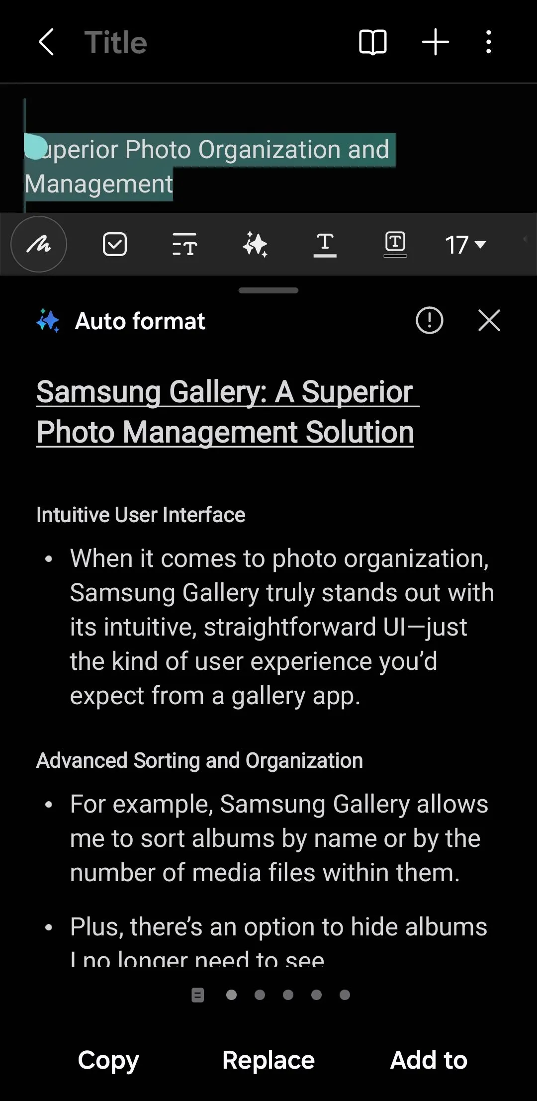 Menu Tự động Định dạng trong ứng dụng Ghi chú Samsung với tính năng Note Assist AI