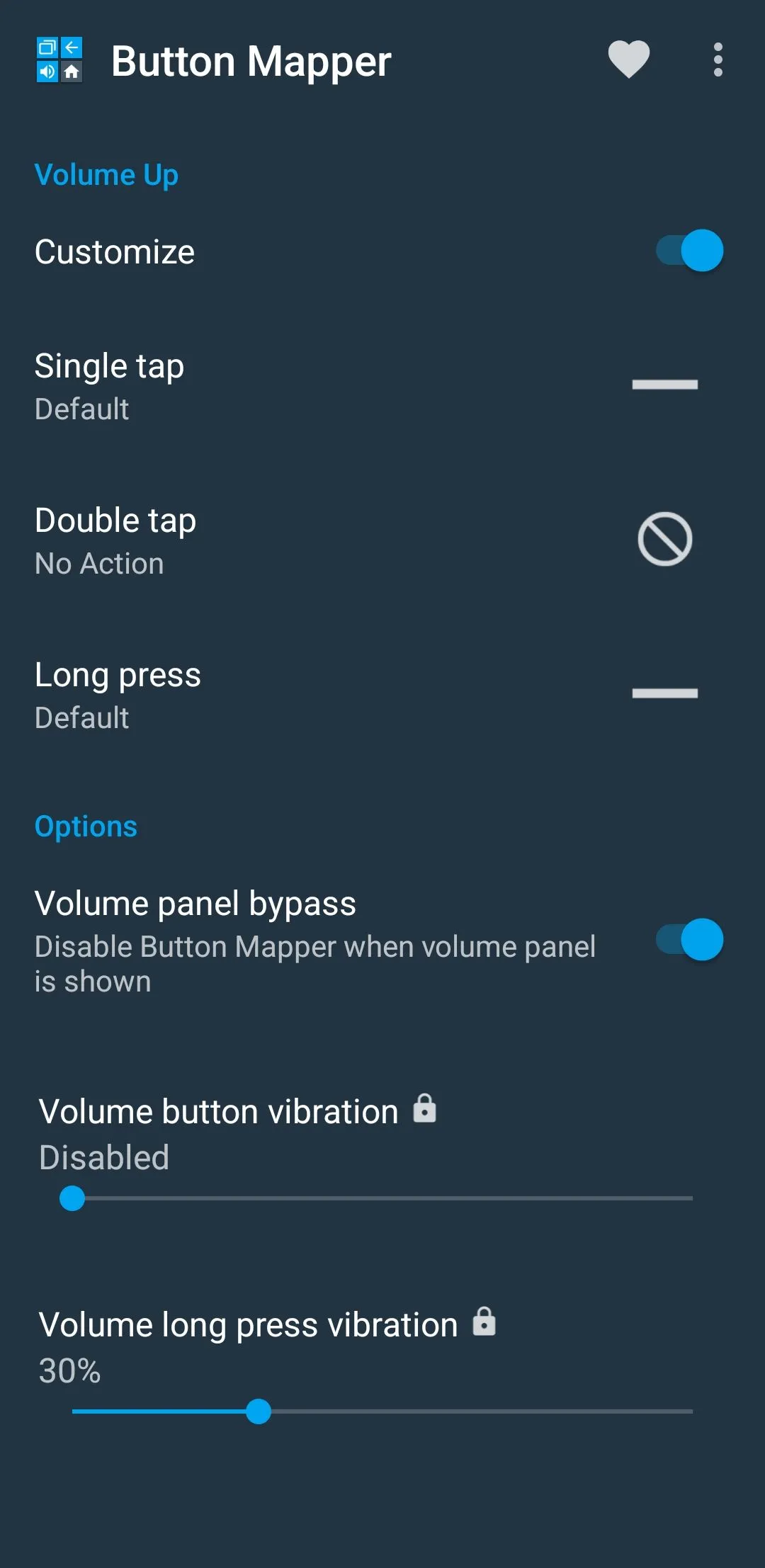 Menu tùy chỉnh của ứng dụng Button Mapper trên điện thoại Android