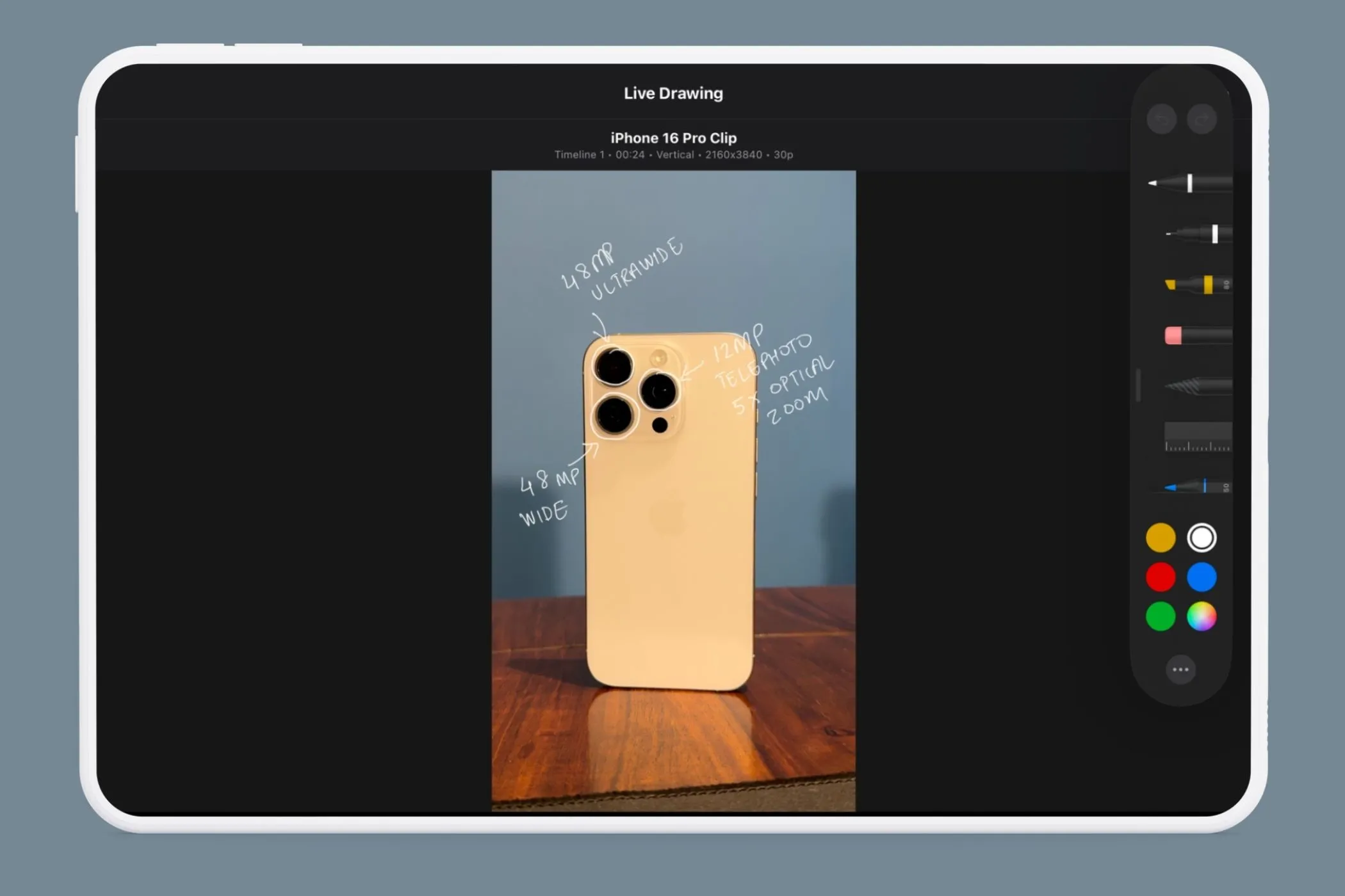 Menu tùy chọn các công cụ vẽ của tính năng Live Drawing trong Final Cut Pro iPad
