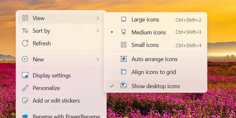 Menu tùy chọn hiển thị biểu tượng màn hình desktop trên Windows, giúp dọn dẹp không gian làm việc.