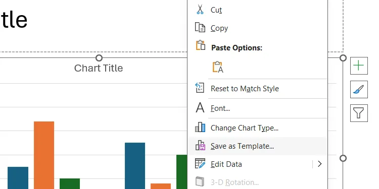 Menu tùy chọn khi nhấp chuột phải vào biểu đồ, hiển thị tùy chọn Save As Template (Lưu Dưới Dạng Mẫu).