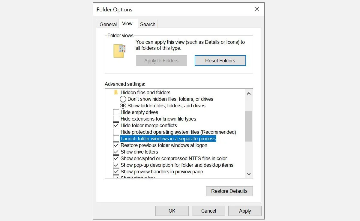 Menu Tùy chọn Thư mục trên Windows 10 hiển thị tùy chọn khởi chạy cửa sổ trong một tiến trình riêng.
