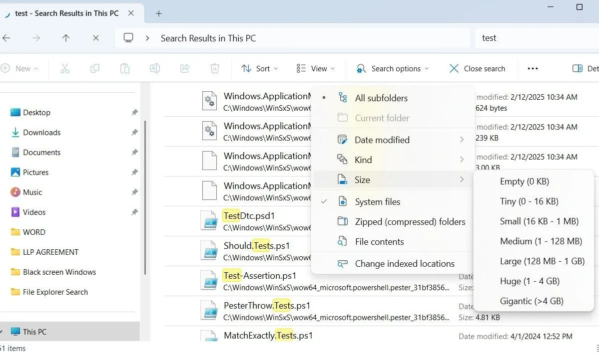 Menu tùy chọn tìm kiếm nâng cao trong File Explorer trên hệ điều hành Windows