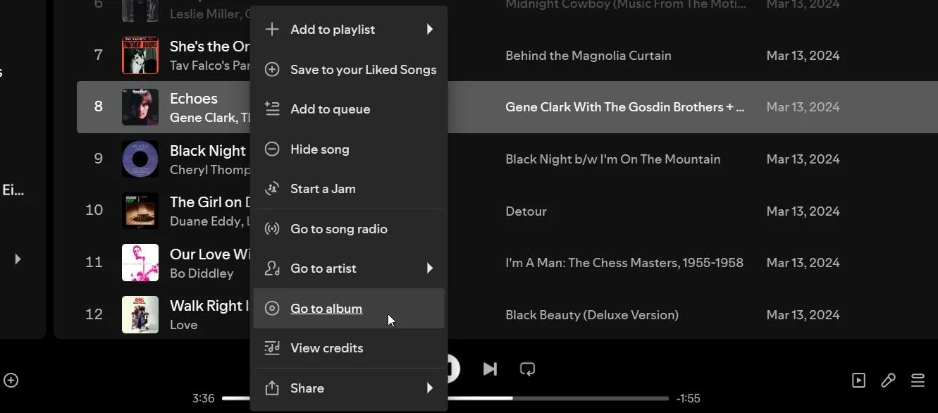 Menu tùy chọn trên Spotify cho phép người dùng &quot;Đi đến album&quot; từ một bài hát