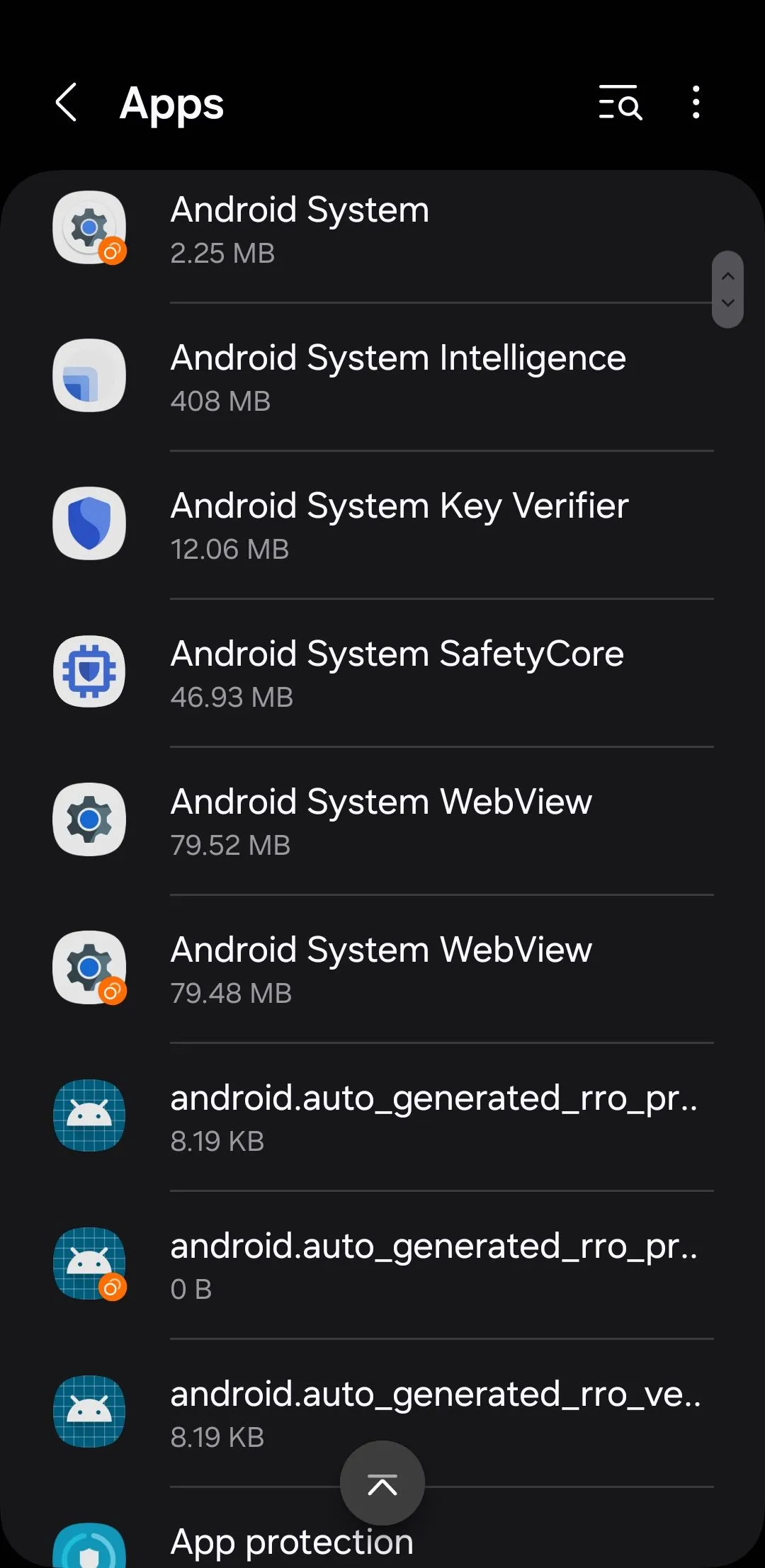 Menu Ứng dụng (Apps) trên điện thoại Android, minh họa vị trí tìm SafetyCore
