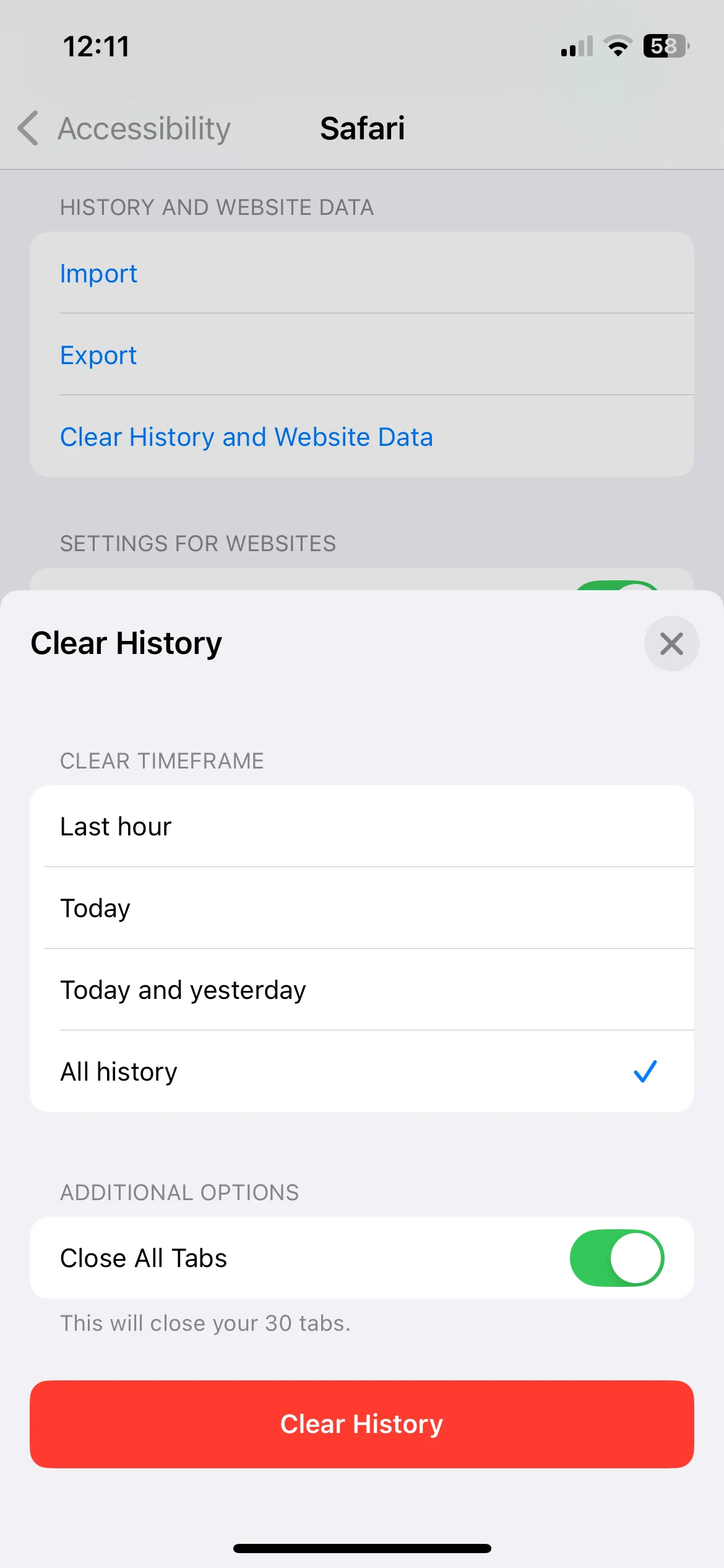 Menu Xóa lịch sử và dữ liệu trang web trong Safari trên iPhone