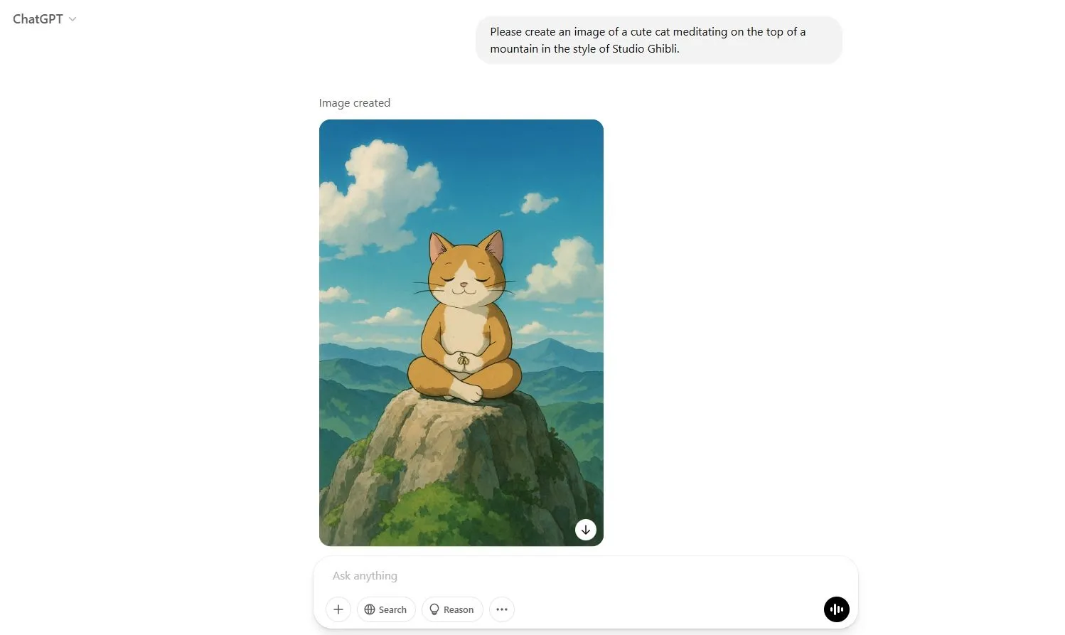 Mèo dễ thương ngồi thiền trên đỉnh núi theo phong cách Studio Ghibli do ChatGPT GPT-4o tạo ra