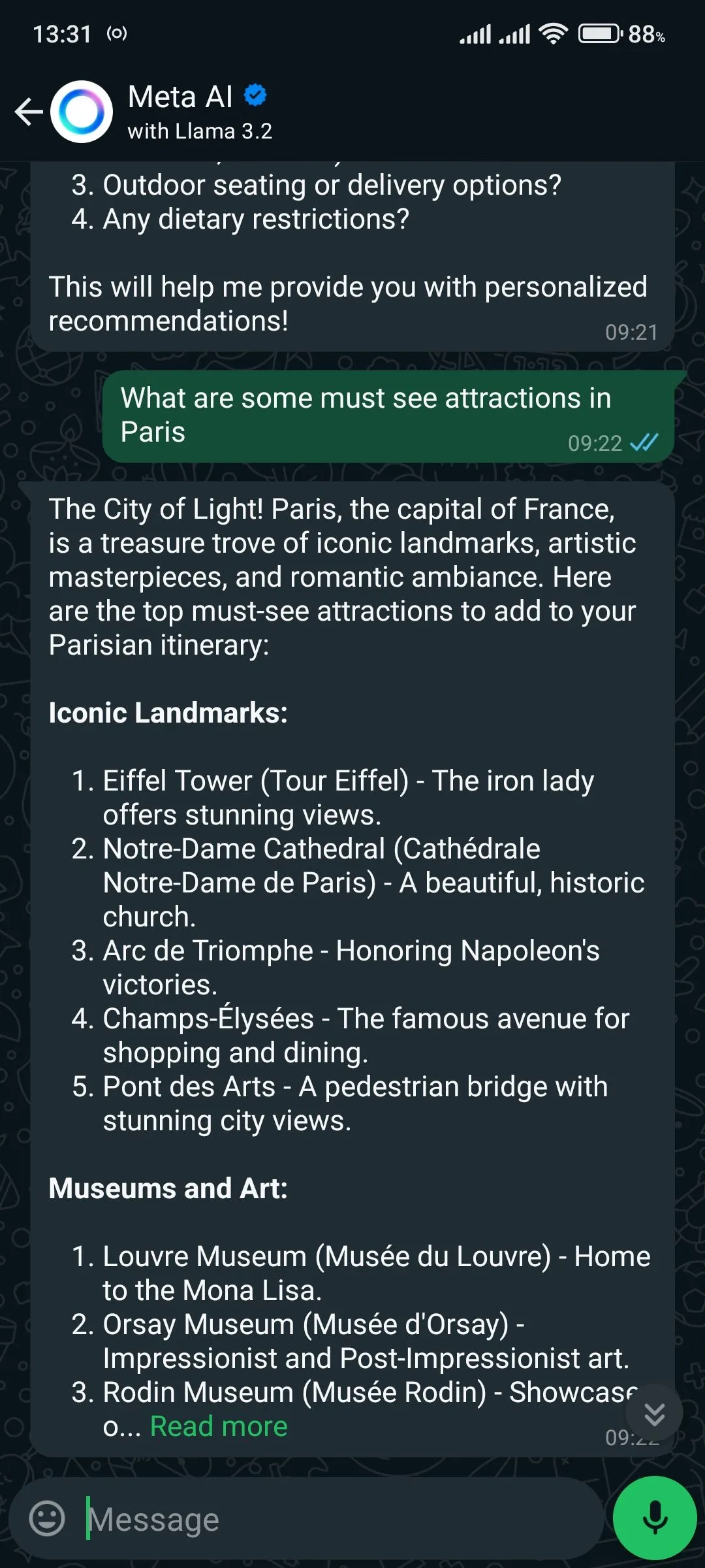 Meta AI trên WhatsApp liệt kê các địa điểm du lịch nổi tiếng ở Paris