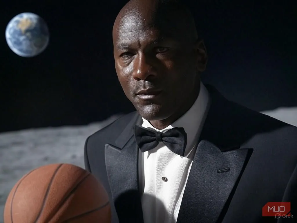 Michael Jordan chơi bóng rổ trên mặt trăng trong bộ tuxedo, được tạo bởi AI Aurora của Grok
