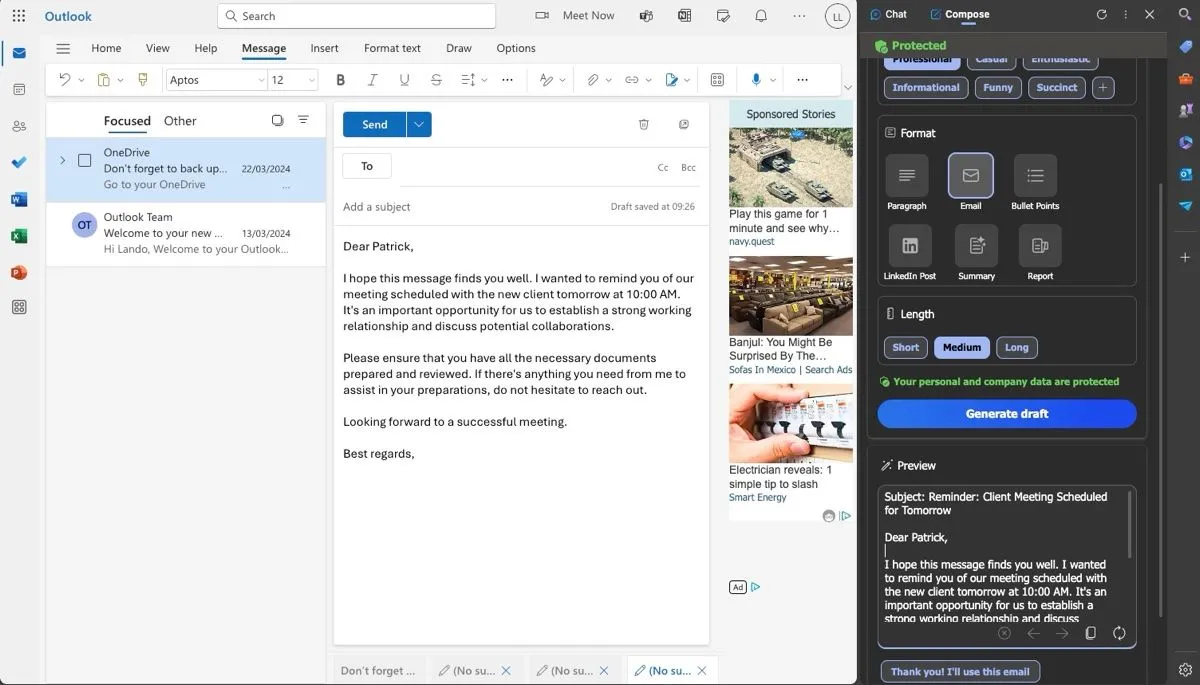 Microsoft Copilot trong trình duyệt Edge hỗ trợ soạn thảo email theo dõi cuộc họp